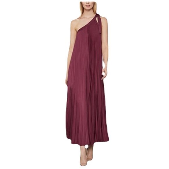 BCBGMAXAZRIA Boho Pleated Strapless Tie-Shoulder Maxi Dress Burgundy Merlot S - Picture 1 of 5
